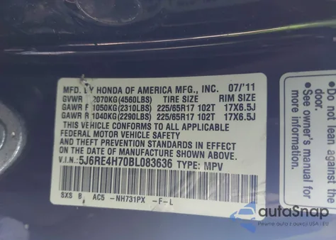 2011 Honda Cr-V Ex-L из США, поврежденный, VIN 5J6RE4H70BL083636